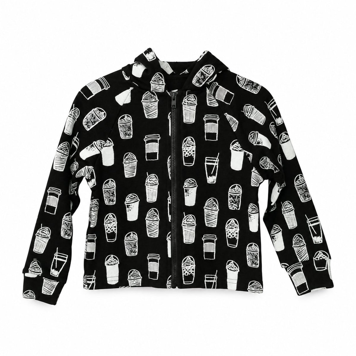 Modern Burlap organic zip hoodie in White on Black Coffee Love, coordinated front studio view on white