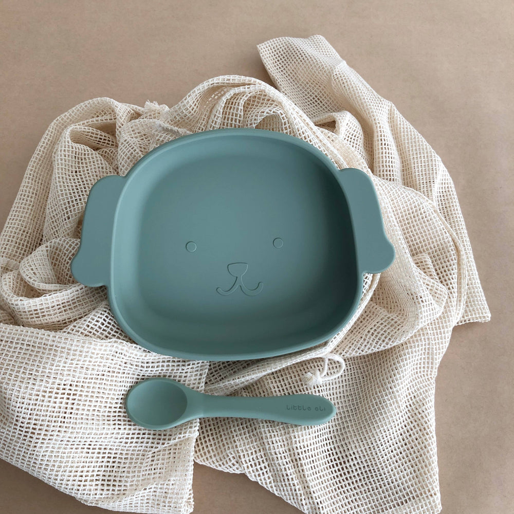 Little Eli - Puppy Silicone Suction Plate + Spoon + Storage Bag - Light Fern