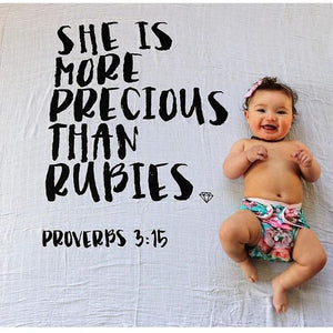 
                  
                    Load image into Gallery viewer, Organic Swaddle + Wall Art - Proverbs 3:15 She is more precious than rubies.
                  
                