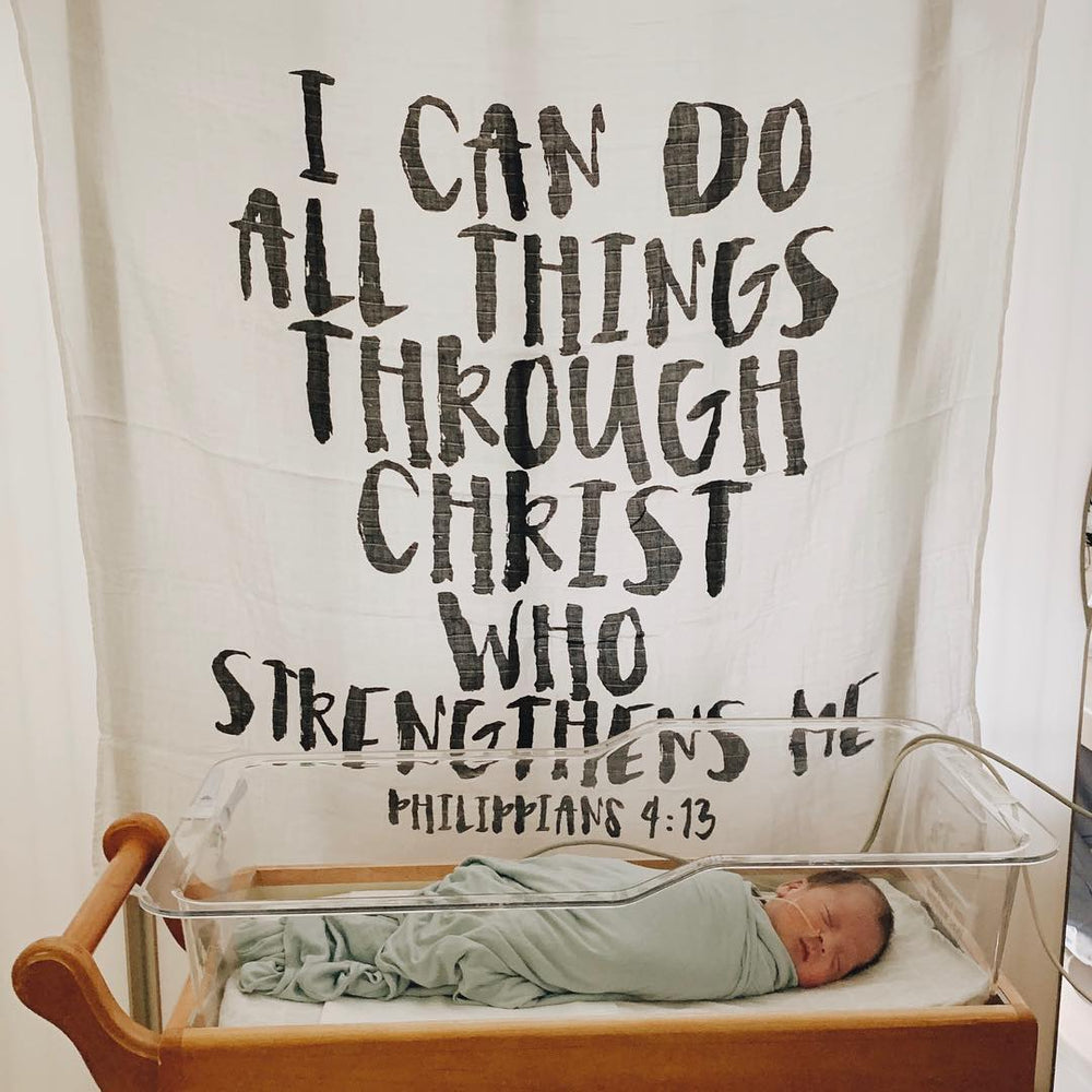 Organic Swaddle + Wall Art - Philippians 4:13  I can do all things through Christ who strengthens me