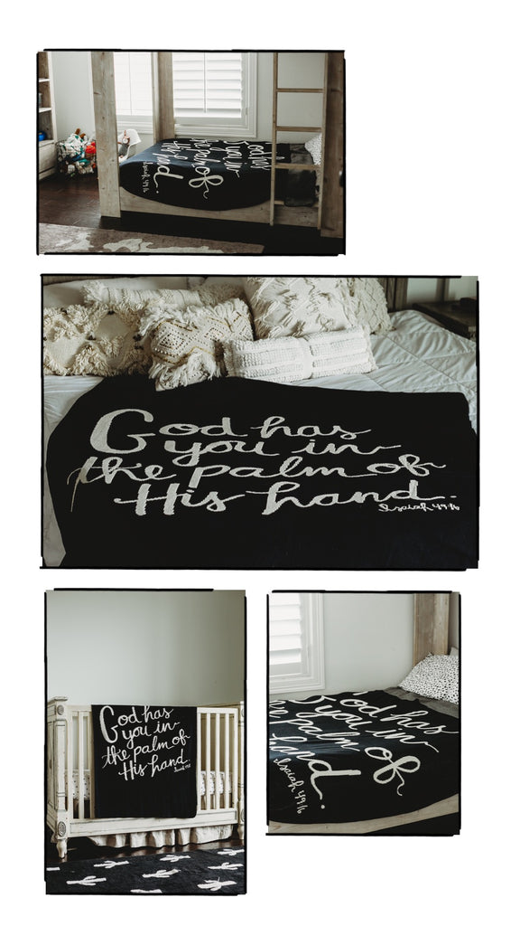 Lifestyle shoot | Recycled Cotton Blend God Has You Throw Blanket | Black