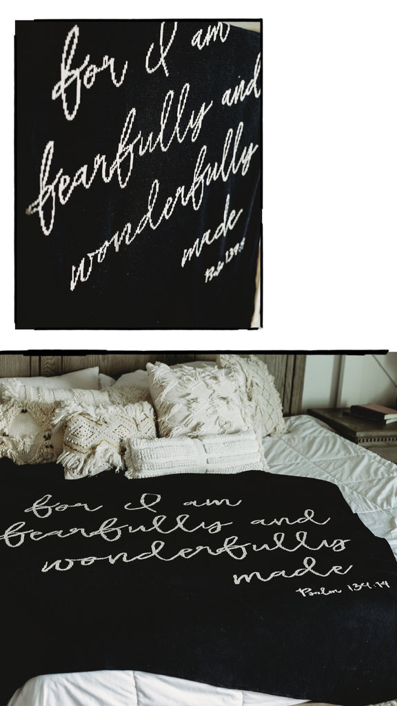 Lifestyle shoot | Recycled Cotton Blend Fearfully and Wonderfully Made Throw Blanket | Black