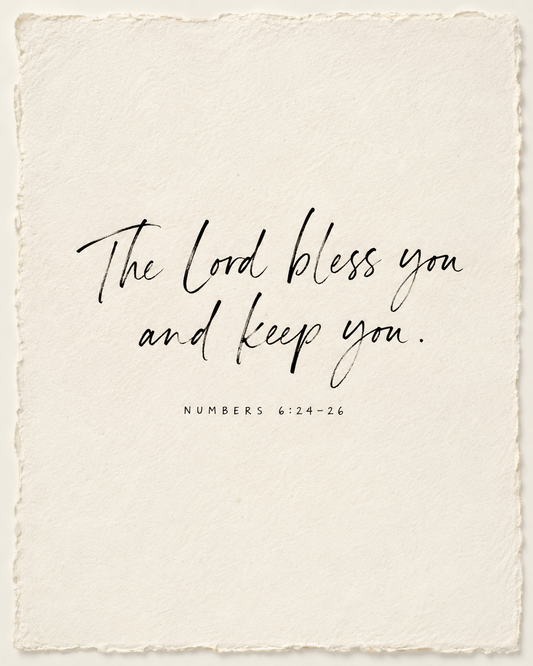 The Lord bless you and keep you, Numbers 6:24–26, handwritten in black ink on ivory handmade paper