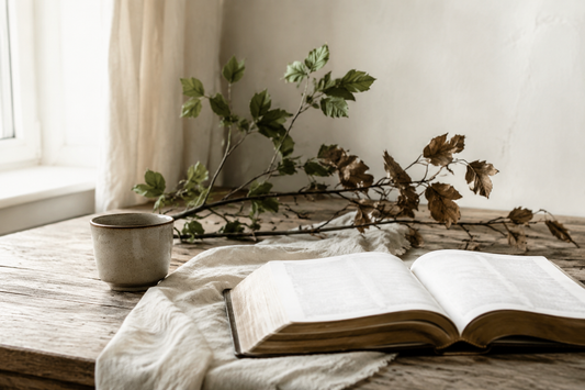 Open Bible beside a ceramic cup and green and dried leaves for Scripture for Grief