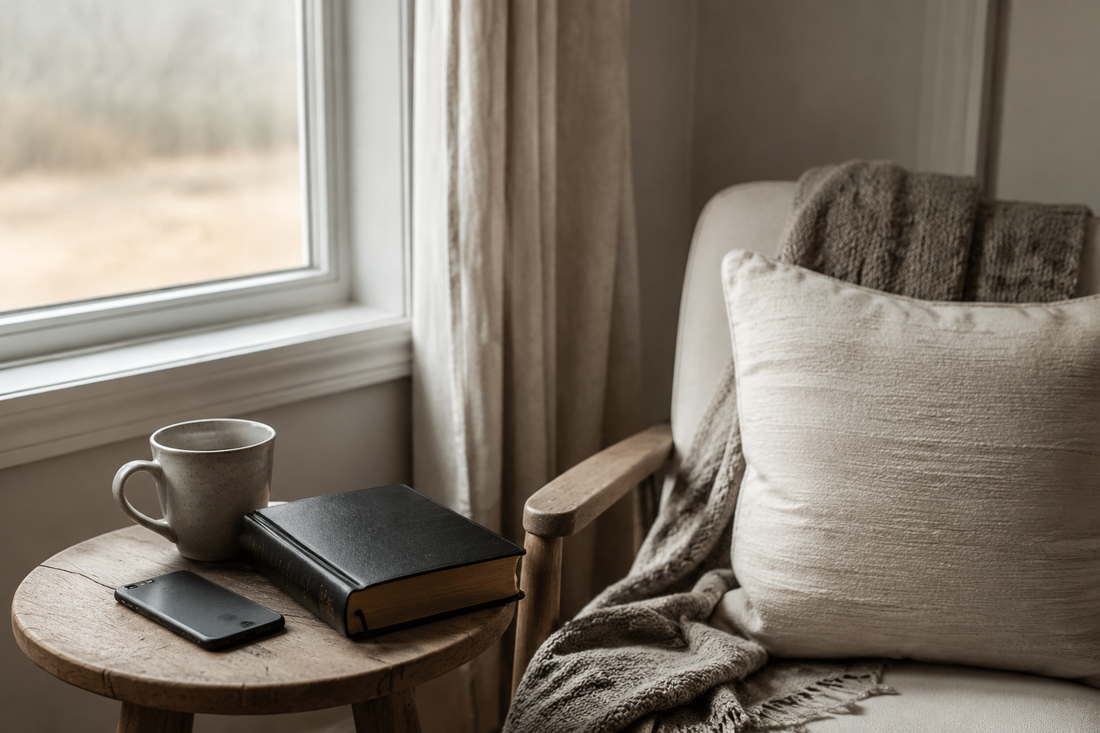 Chair beside a window with a closed Bible, ceramic cup and phone for A Prayer While Waiting for Results