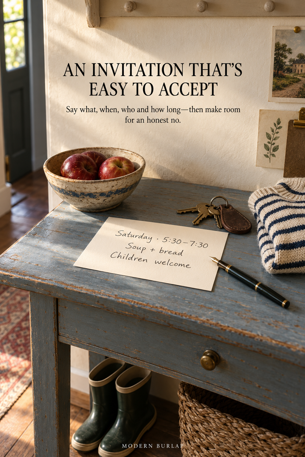 A faded blue entry table with a handwritten invitation naming the time, simple meal and children, beneath the headline An Invitation That’s Easy to Accept.