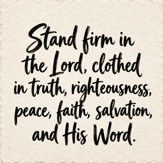 Hand-lettered artwork reading: Stand firm in the Lord, clothed in truth, righteousness, peace, faith, salvation, and His Word.