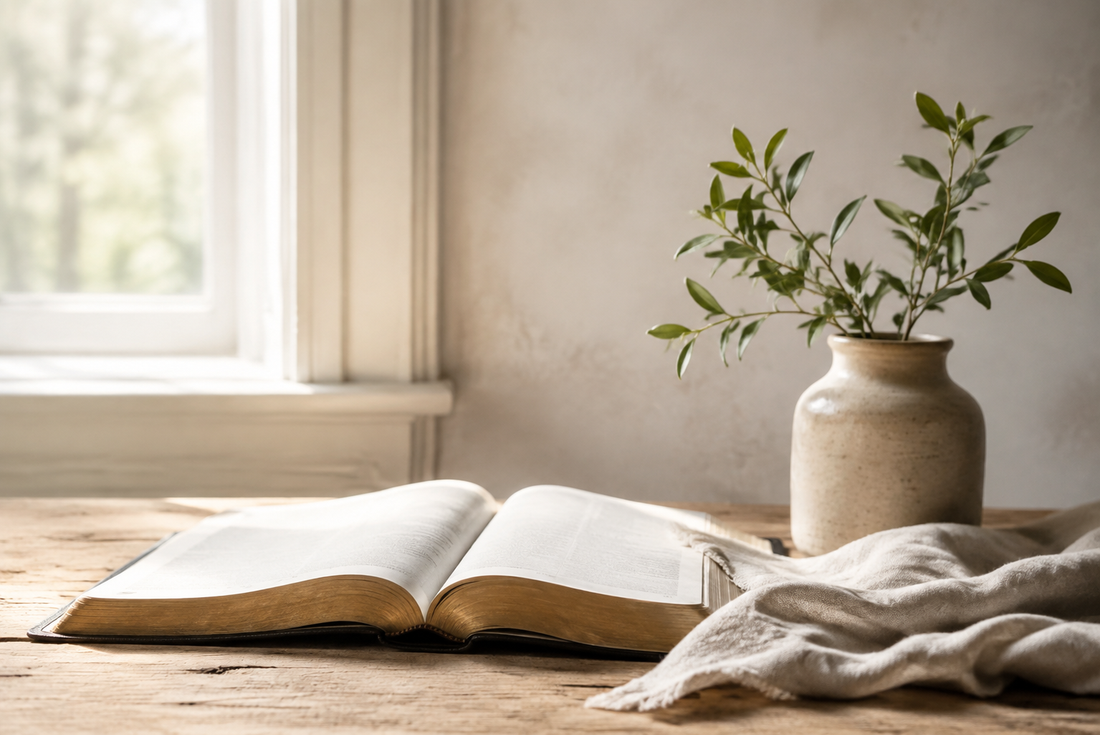 Open Bible and living green branch in soft morning light for Becoming More Like Christ