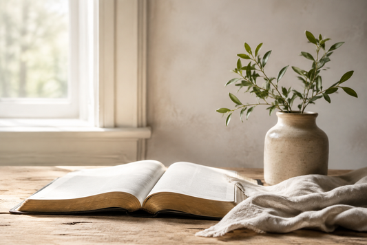 Open Bible and living green branch in soft morning light for Becoming More Like Christ