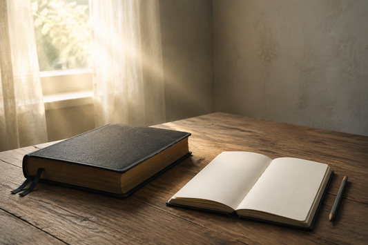 Closed Bible beside an open blank notebook in morning light for Beginning Again After Failure