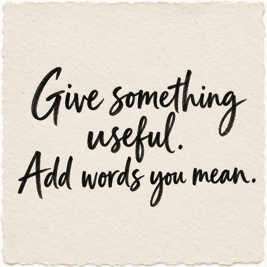 Handwritten artwork on ivory handmade paper reading Give something useful. Add words you mean.