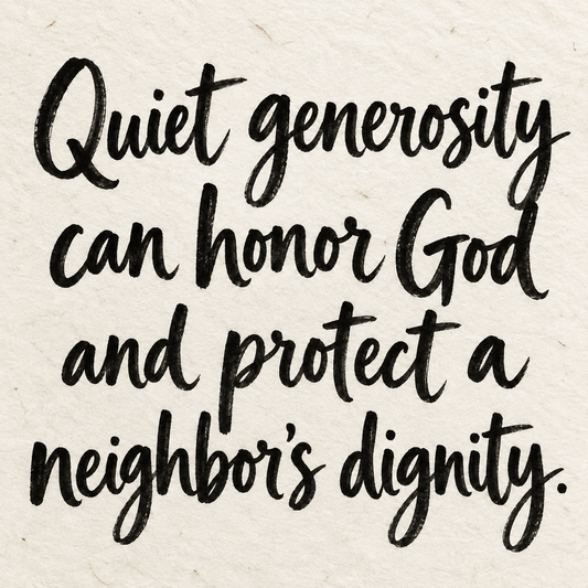 Black brush lettering on ivory handmade paper: “Quiet generosity can honor God and protect a neighbor’s dignity.”