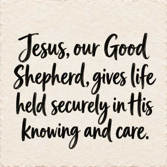 Hand-lettered artwork reading: Jesus, our Good Shepherd, gives life held securely in His knowing and care.