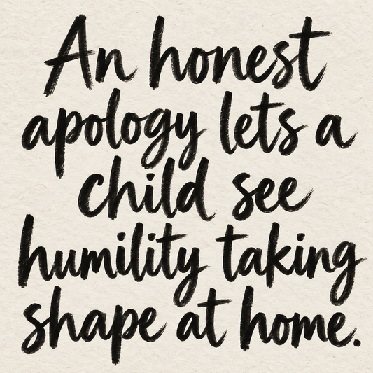 Black brush lettering on ivory handmade paper: “An honest apology lets a child see humility taking shape at home.”
