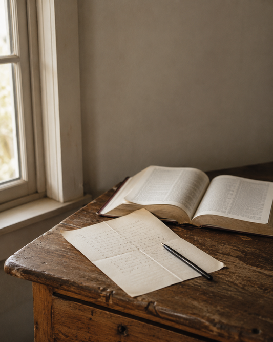 Open Bible and handwritten letter on a worn wooden desk for Dear Reader