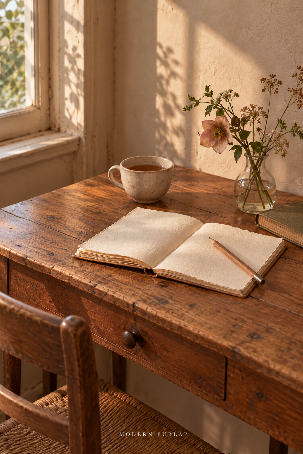 An open journal, pencil, cup of tea and a small vase of flowers on a wooden desk in late-afternoon light.