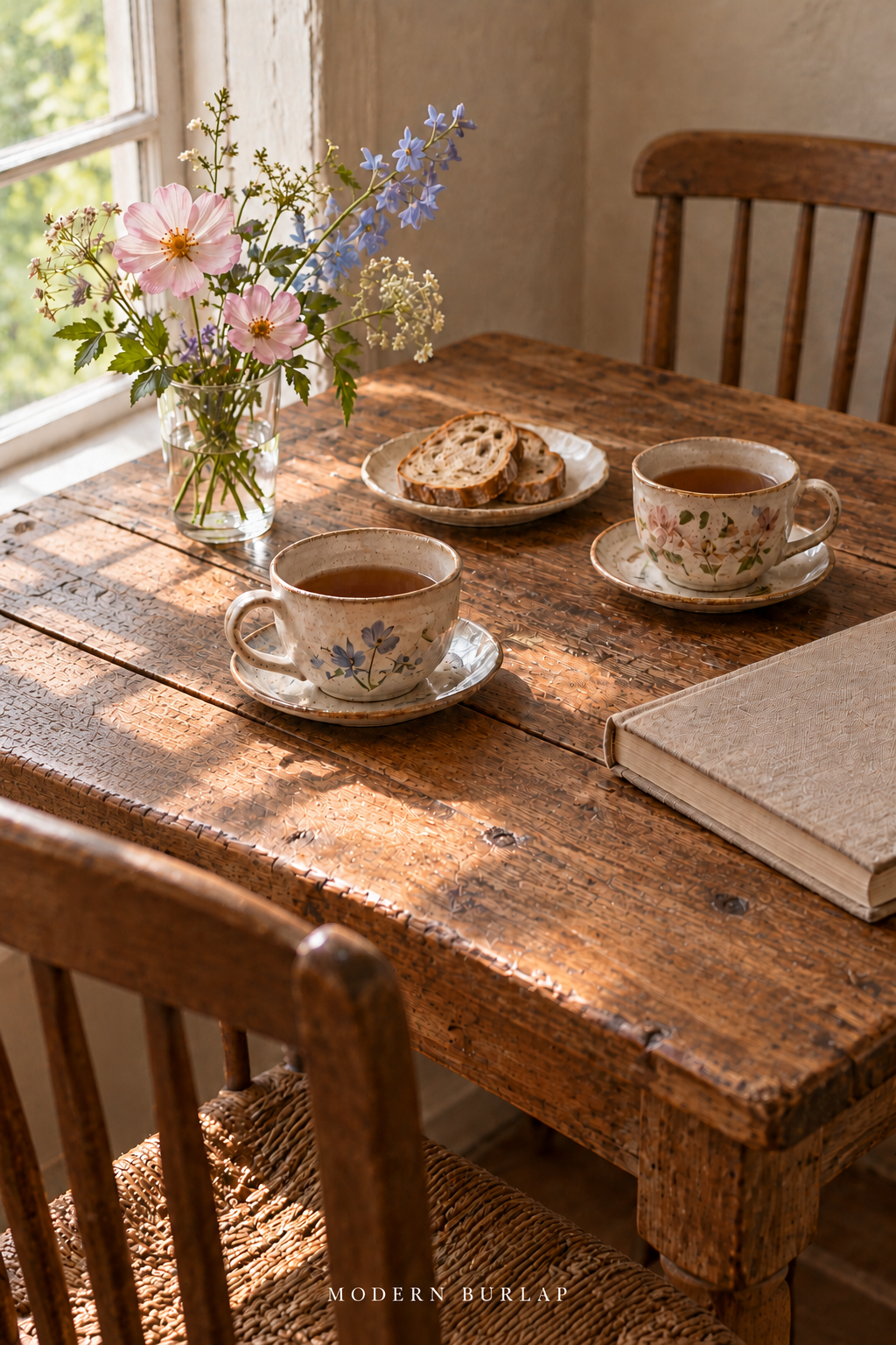 Two floral teacups, bread and garden flowers on a sunlit wooden table with two chairs.