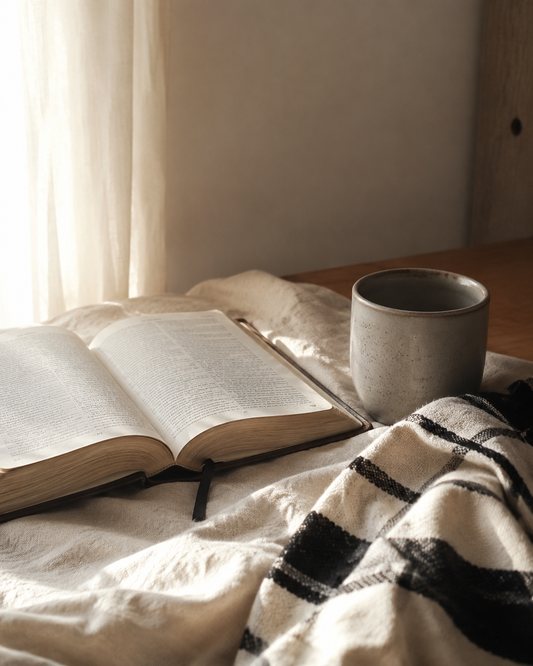 Open Bible and ceramic cup in soft morning light for A Prayer for a New Mother