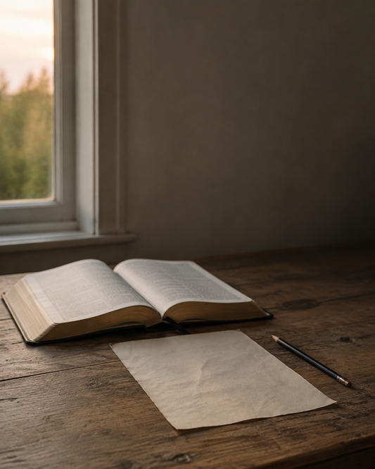 Open Bible, paper, and pencil in soft evening light for Scripture for When You Are Afraid