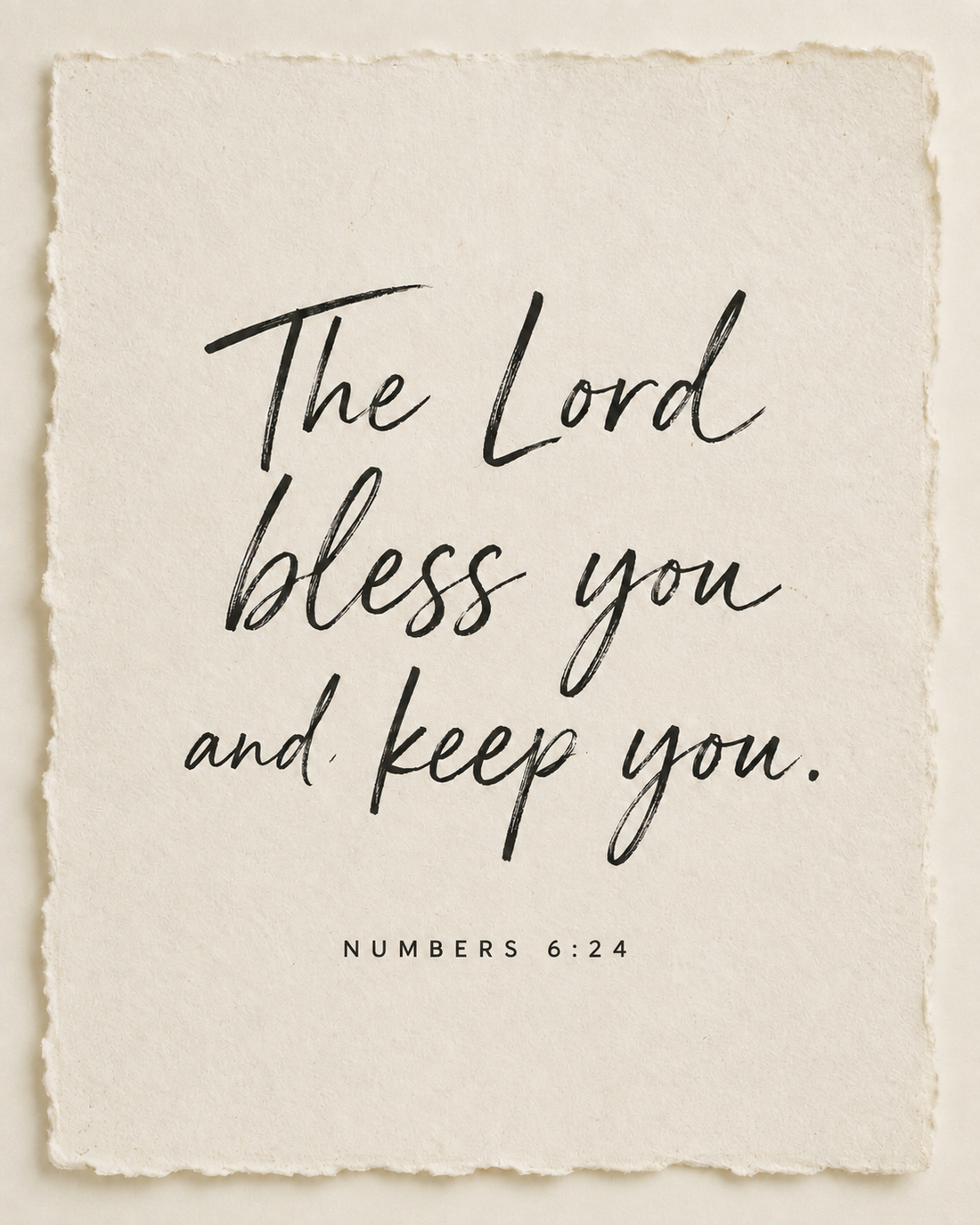 The Lord bless you and keep you. Numbers 6:24, handwritten in black ink on ivory paper.