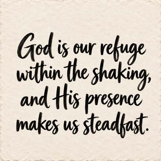 Hand-lettered artwork reading: God is our refuge within the shaking, and His presence makes us steadfast.