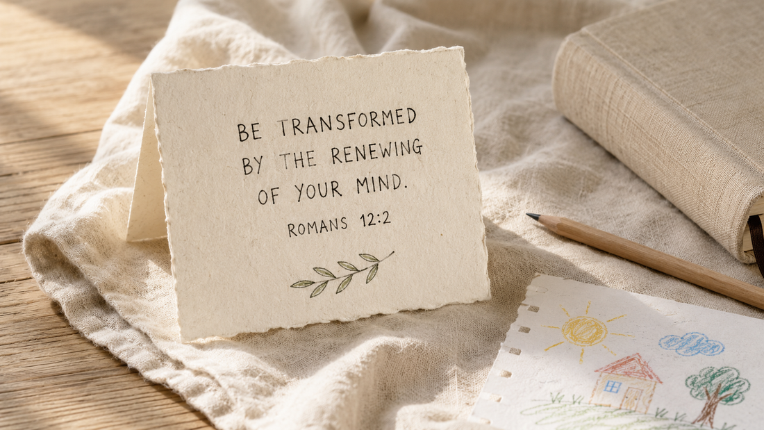 Handmade Romans 12:2 card beside a Bible, pencil, and child’s drawing