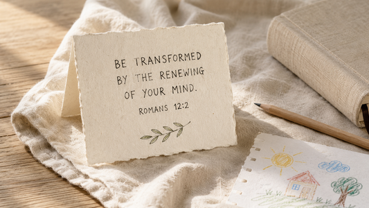 Handmade Romans 12:2 card beside a Bible, pencil, and child’s drawing