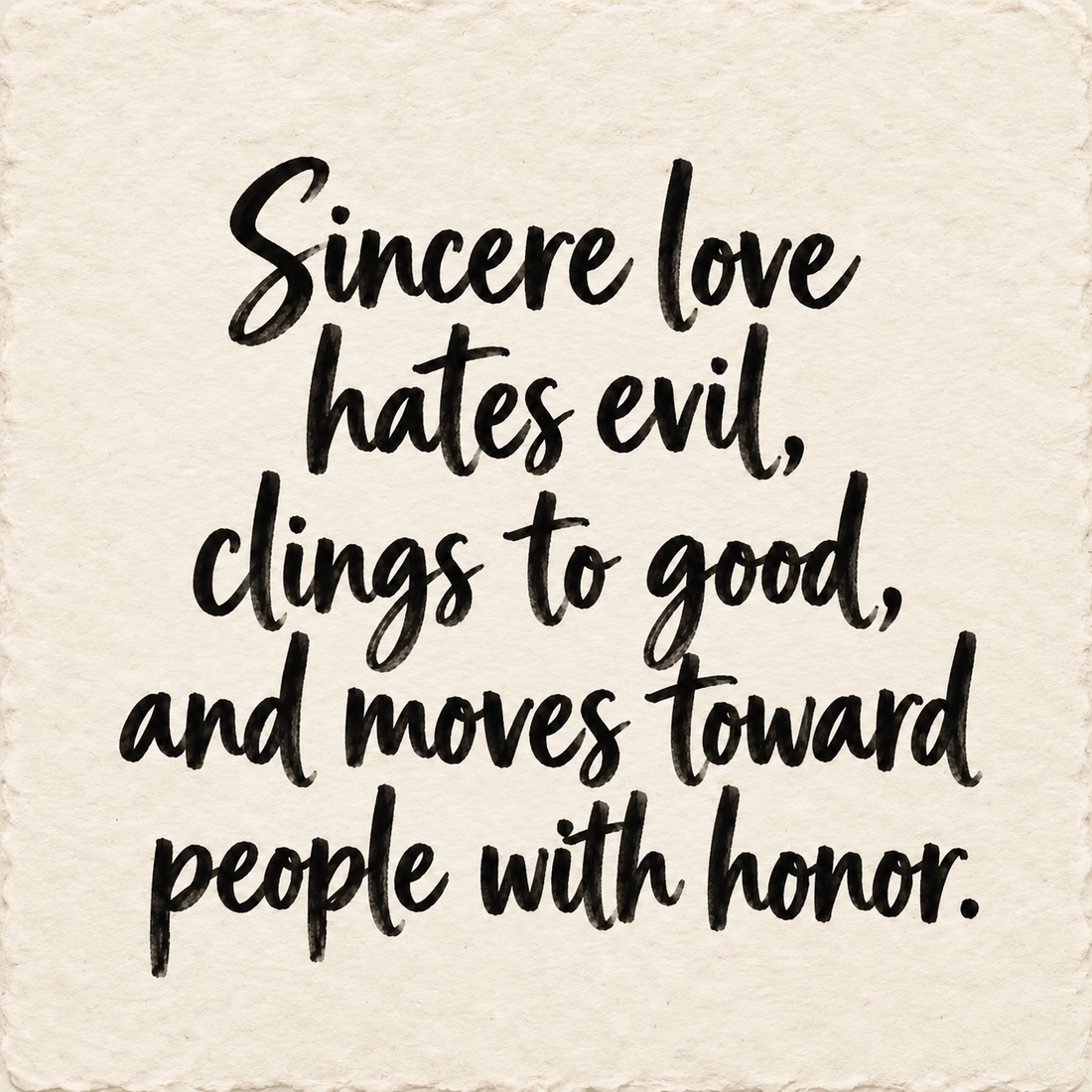 Hand-lettered artwork reading: Sincere love hates evil, clings to good, and moves toward people with honor.