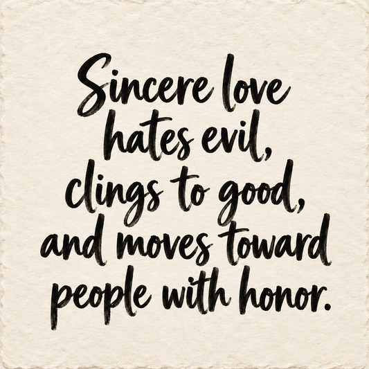 Hand-lettered artwork reading: Sincere love hates evil, clings to good, and moves toward people with honor.