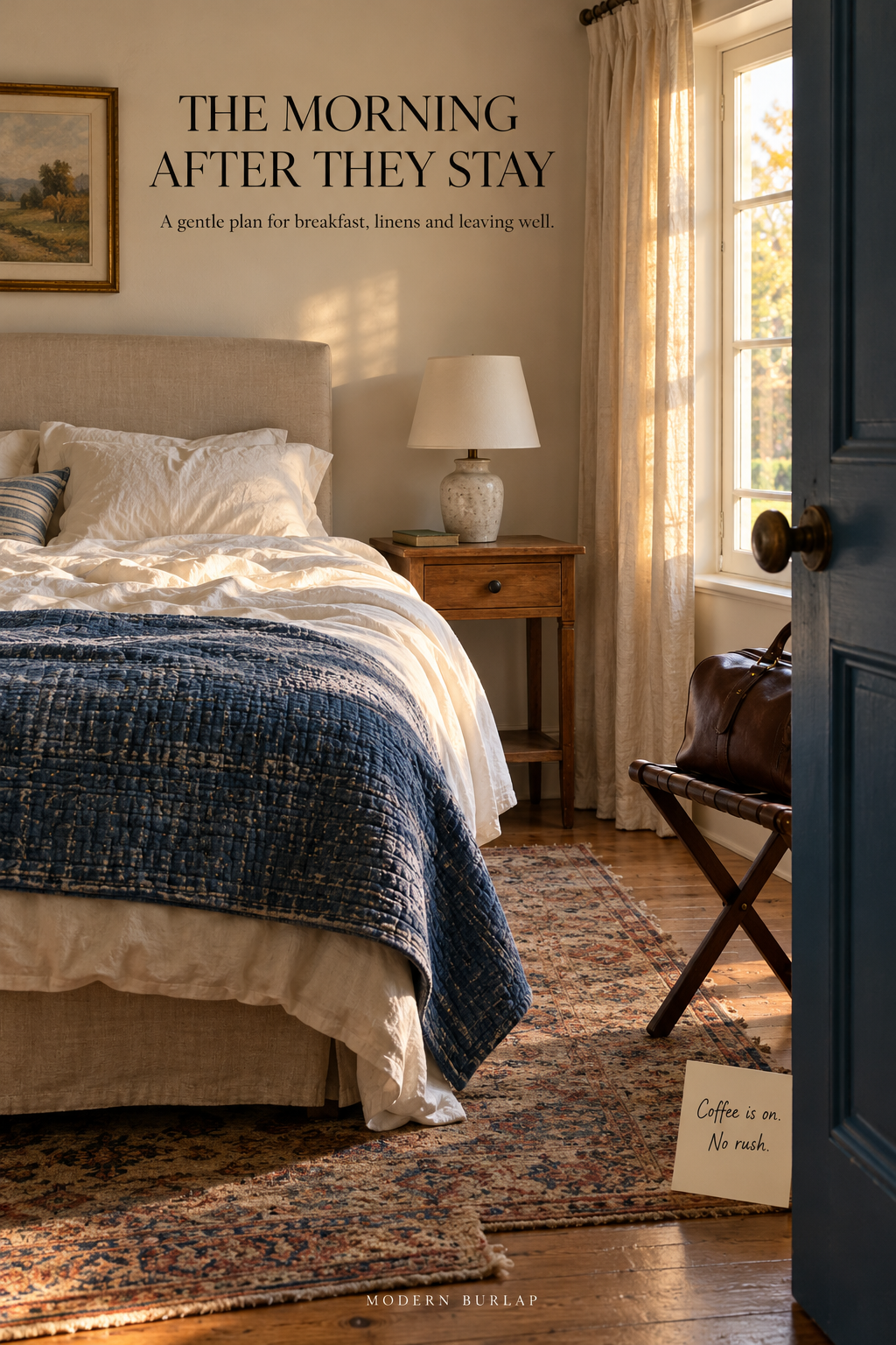 A gently rumpled guest bed in early-morning light beside a packed bag and handwritten card reading Coffee is on. No rush. Headline: The Morning After They Stay.