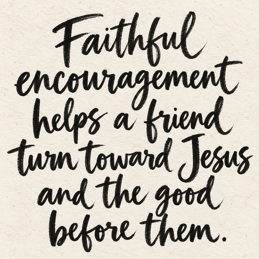 Black brush lettering on ivory handmade paper: “Faithful encouragement helps a friend turn toward Jesus and the good before them.”