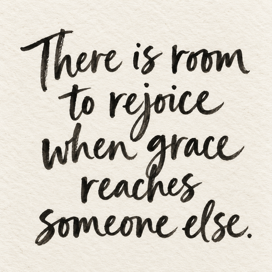 Black brush lettering on ivory handmade paper: “There is room to rejoice when grace reaches someone else.”