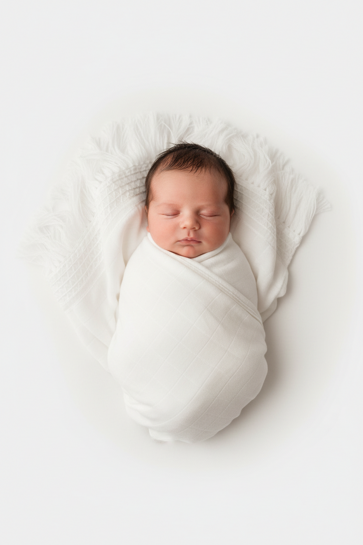 White fringe organic cotton muslin swaddle by Modern Burlap