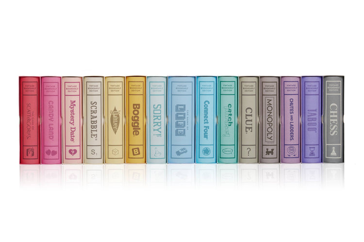 Vintage bookshelf games in colorful book-shaped boxes
