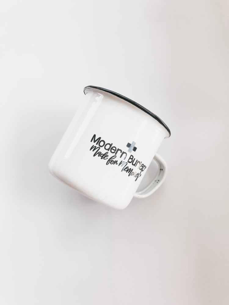 Modern Burlap Cups + Mugs collection featuring the Made for Memories enamel mug