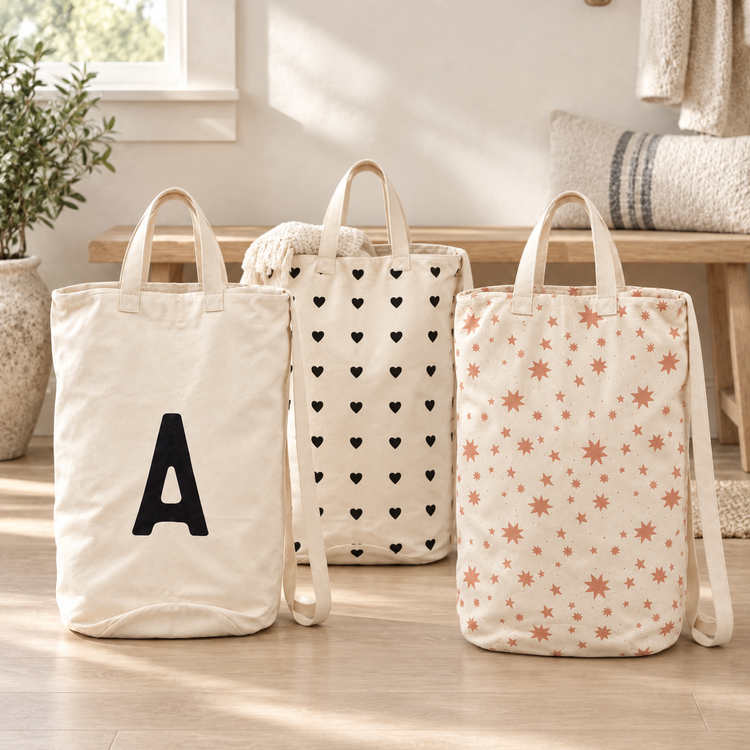 A initial, Hearts and Sunburn Starburst canvas bags styled together for home, travel and gifting; each bag sold separately