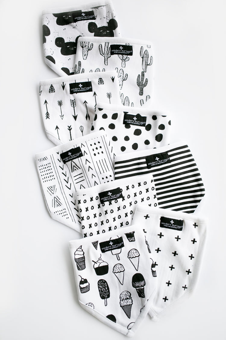 Modern Burlap bibs and burp cloths collection