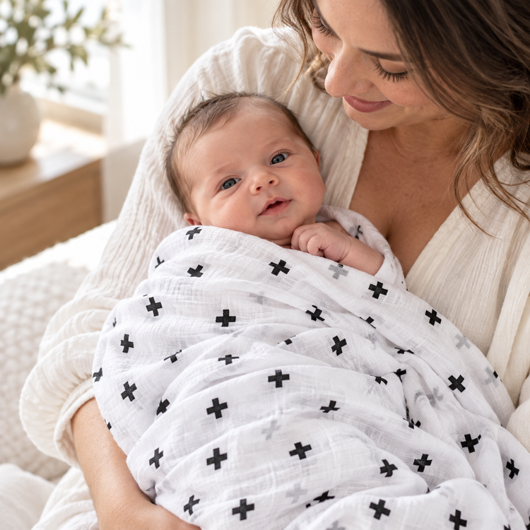 A mother holding her baby in Modern Burlap's black-and-white Swiss Cross swaddle