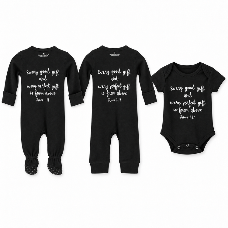 James 1:17 coordinating button footie back, footless coverall back, and short sleeve bodysuit front. Each piece sold separately.