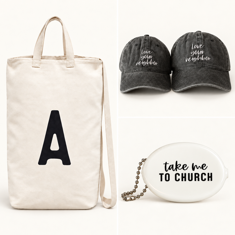 Modern Burlap accessory collage with an A initial canvas bag, Love Your Neighbor caps, and a white Take Me to Church coin pouch.