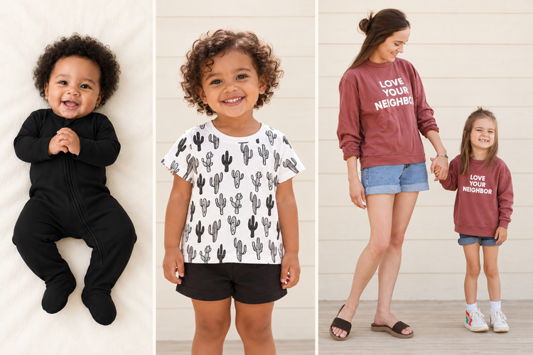 Modern Burlap clothing for babies, kids and grown-ups: black zip footie, cactus-print tee and matching Love Your Neighbor sweatshirts; AI-enhanced editorial collage.