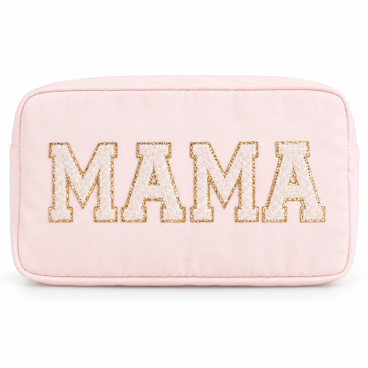 MAMA cosmetic pouch with cream letters and gold outlines on a white background