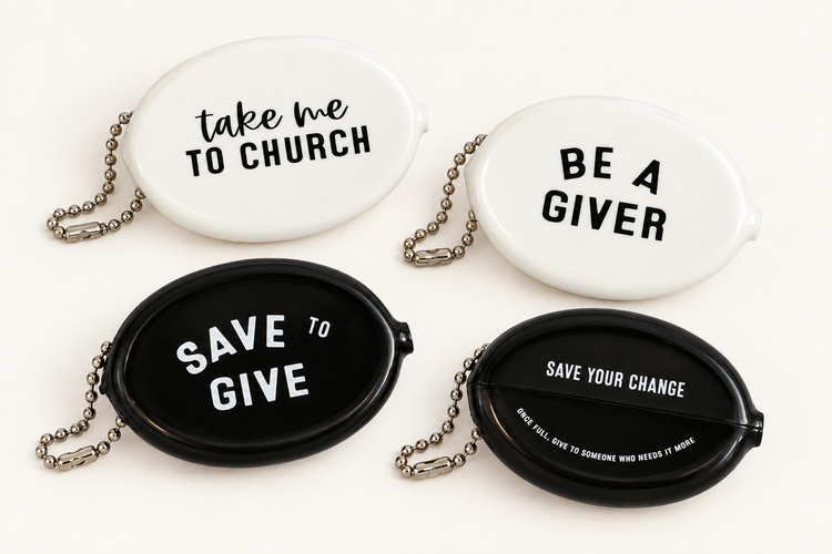 White and black giving coin pouches showing message designs and the reminder on the back; each sold separately