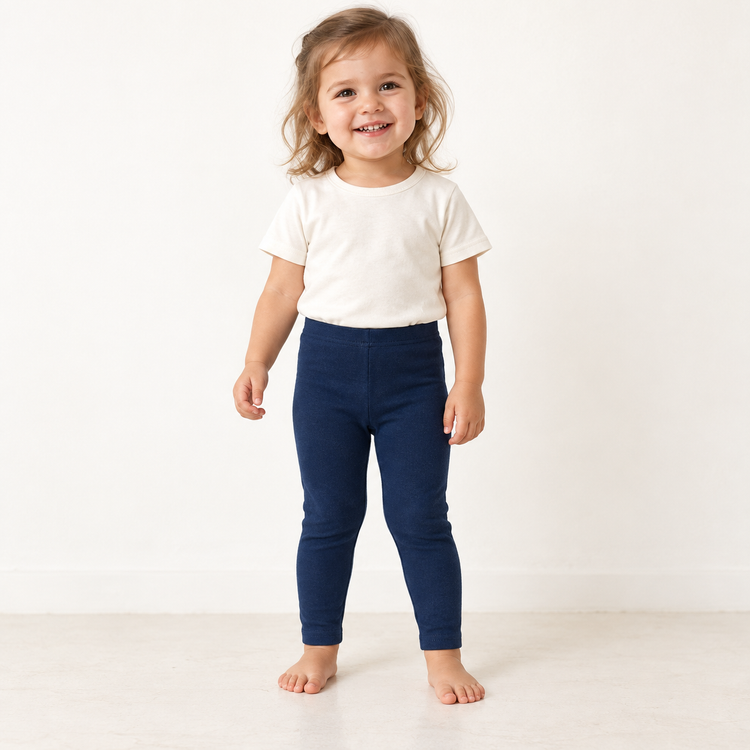 Child wearing Navy Peony leggings with the waistband and ankle fit visible