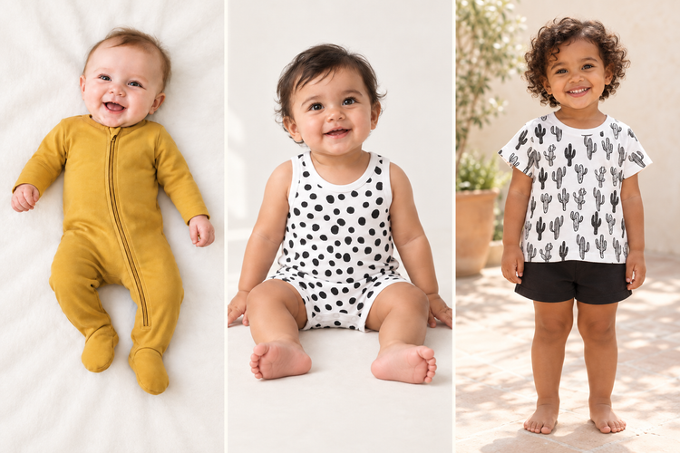 Modern Burlap organic wardrobe: baby in a mustard zip footie, baby in a black-and-white Spots romper, and child in a cactus tee with black shorts