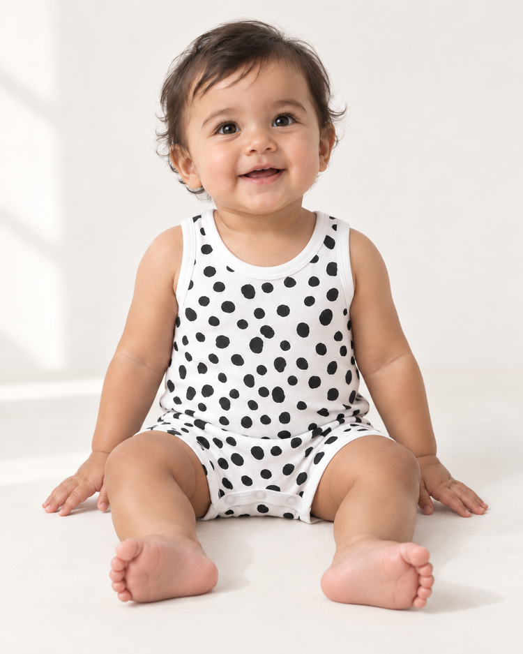Baby wearing the Modern Burlap black-and-white Spots tank romper