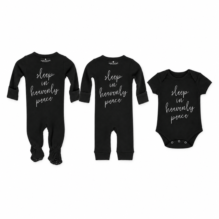 Sleep in Heavenly Peace organic baby apparel range: covered-foot footie, footless coverall and short sleeve bodysuit, each sold separately.