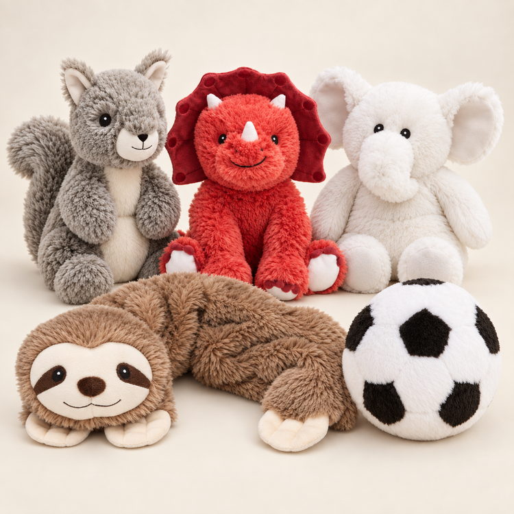 Warmies collection with squirrel, red triceratops, white elephant, soccer ball and sloth wrap; each sold separately