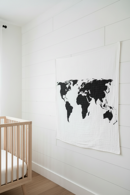World Map Organic Swaddle + Wall Art | GOTS Certified Organic Cotton Muslin