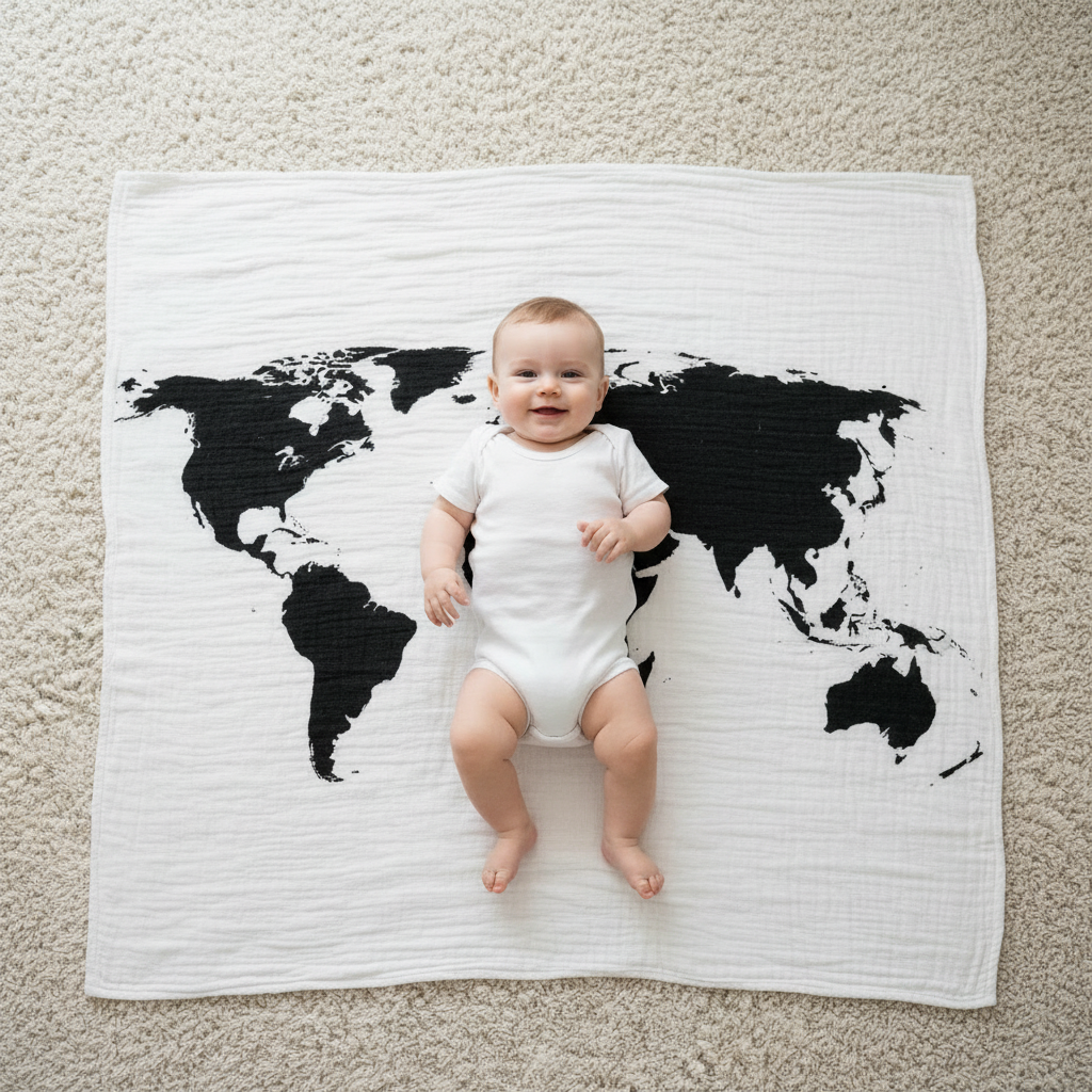 World Map Organic Swaddle + Wall Art | GOTS Certified Organic Cotton Muslin